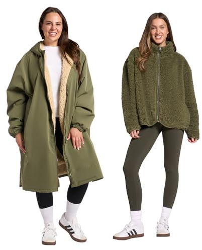 OHS Rain Coats for Women Changing Robe with Hood & Pockets Womens Coats Including Womens Fleece Jackets Full Zip Long Sleeve Teddy Fleece Top for Outdoor Activities, Khaki/Beige - S/M
