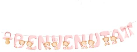 Festone Benvenuta In carta per nascita Bambina, Lettere 14cm con nastro incluso, Scritta con orsetti