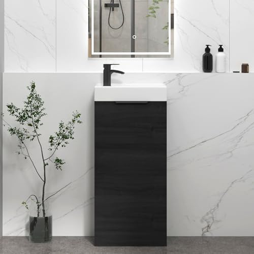 400mm Floor Standing Bathroom Vanity Unit With Basin - Cloakroom Vanity Unit with 1 Tap Hole Ceramic Basin Soft Close 1-Door Storage Cabinet Basin Sink With Matt Black Handle - Hale Black