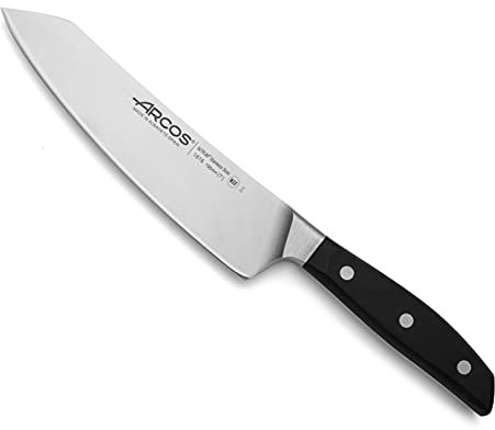 Arcos Cuchillo Santoku balanceo forjado Acero Inoxidable. Cuchillo cocina afilado japonés pescado, carne y verduras. Mango ergonómico polioximetileno y Hoja 190 mm. Serie Manhattan. Color negro.