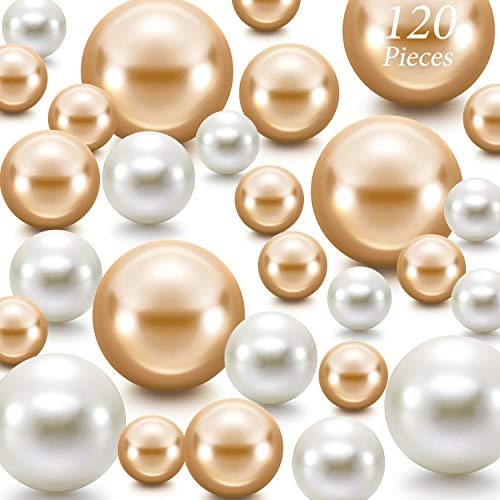 Hicarer 120 Pieces Vase Filler Pearls No Hole Floating Beads for Vase Centerpieces Brush Holder Round Faux Water Bead for DIY Home Wedding Table Party Decor, 14/20/30 mm(Creamy White, Gold)
