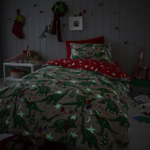 Happy Linen Company Girls Boys Kids Christmas Dinosaur Glow In The Dark Taupe Natural Double Reversible Duvet Cover Bedding Set