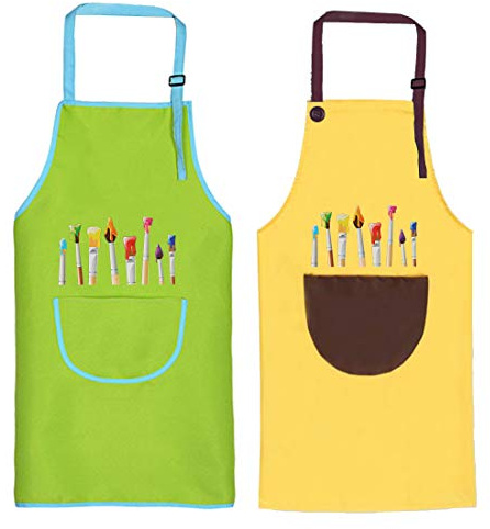 Grembiule da pittura per bambini, set di 2 grembiuli per bambini, con tasche, grembiule da cucina, grembiule regolabile per il fai da te, pittura e cottura (8-12 anni), verde e giallo, 45 x 60 cm