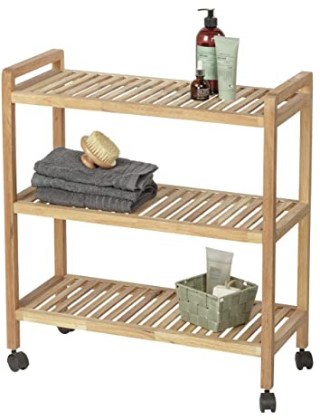 WENKO Haushalts- und Badwagen Norway, hochwertiges Roll-Regal mit 3 Etagen, fahrbares Bad-, Küchen- & Wohnregal mit 3 Ablagen im Scandi-Style, aus massivem Walnussholz geölt, 65 x 72 x 31 cm, Braun
