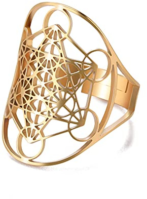 Amaxer Acier Inoxydable Metatrons Cube Anneau pour Femmes Archange Metatron Déclaration De Protection Évidé Femmes Bande Anneau Bijoux pour Dame (Or)