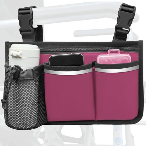 SHIFANQI Wheelchair Side Bag and Armrest Organizer Pouch With Cup Holder, Reflective Strip - Accessories for Most Wheelchairs, Walkers, Rollators (Burgundy)