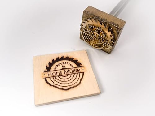 Dein Brandstempel extern beheizter Schriftzug im Motiv Sägeblatt und Baumscheibe für Holz, Leder, Pappe - personalisiertes Brandeisen, individueller Brennstempel in 60 x 58 mm