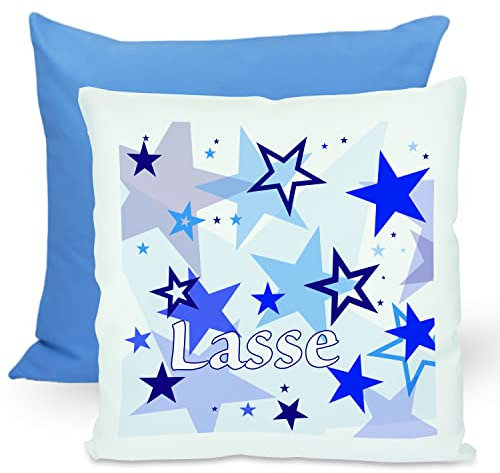CreaDesign, Kinder Kissen 40x40 cm personalisiert mit Namen, Kinderzimmer Deko Kissen Kinder mit Füllung Federn, Motiv Sterne blau, Rückenfarbe Blau