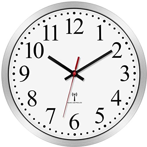 Foxtop Funk Wanduhr Geräuschlos Lautlos Analog Nicht Tickend 25 cm Leicht Ablesbare Uhr für Küche, Wohnzimmer, Schlafzimmer, Badezimmer, Heimbüro, Silber