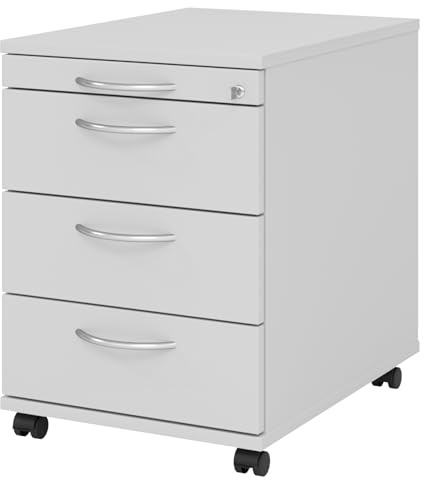 bümö Rollcontainer mit Schubladen, Container abschließbar aus Holz in grau - Rollwagen für's Büro als Schreibtisch Unterschrank, Bürocontainer od. Schreibtischcontainer mit Bogengriffe