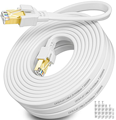 Soibke Ethernet Cable 18m, Cat 8 Long Internet Cable 18m High Speed | Flat LAN Network Cable Shielded 40Gbps 2000MHz RJ45 Gigabit Wifi Cable Outdoor Indoor White Patch Cable for Switch Modem