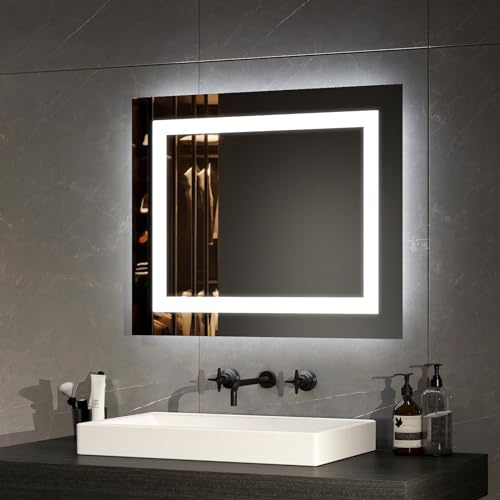 EMKE Badspiegel mit Beleuchtung 60x50cm, Badezimmerspiegel mit Beschlagfrei und 2 Lichtfarbe Warmweiß/Kaltweiß, Kippschalter, LED Badspiegel Klein Horizontal/Vertikal