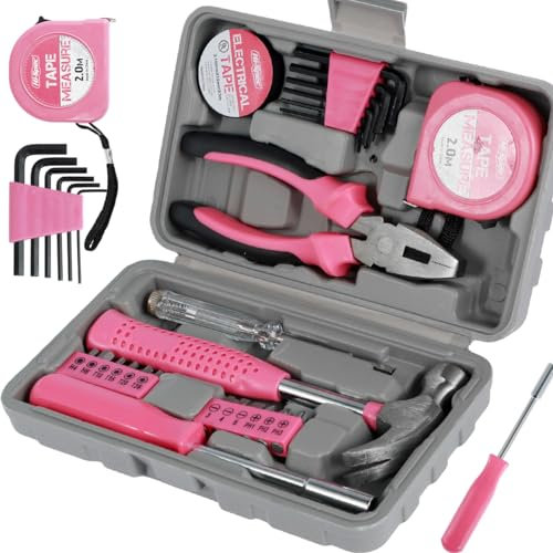Small Home Tool Kit Set—24Pcs Ladies Tool Kit DIY Hand Tool Home Repair Tool Box Include Hammer Allen Key Set Electrical Tape Screwdriver Test Pen Plier Bits(Pink)