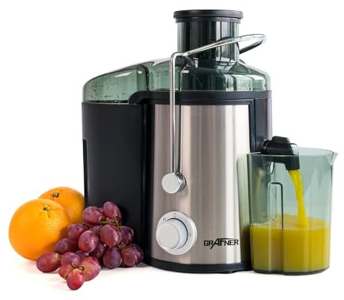 Grafner Express Extracteur de jus pour fruits et légumes, 400 W, 3 vitesses, grand baie de remplissage de 65 mm, réservoir de 450 ml, jus riche en vitamines, presse-agrumes électrique en acier