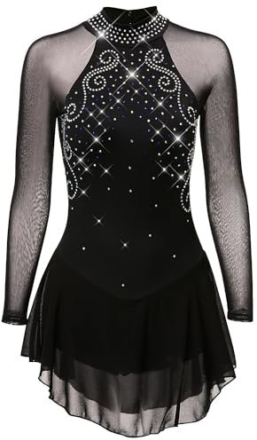 JRUIA Klassisches Eiskunstlauf Kleid Eislauf Outfits Für Damen Und Mädchen Schwarz Mesh Spandex Elastizitätsübungs Wettkampfkleidung Schnell Trocknende Kleidung,Schwarz,12_15Years