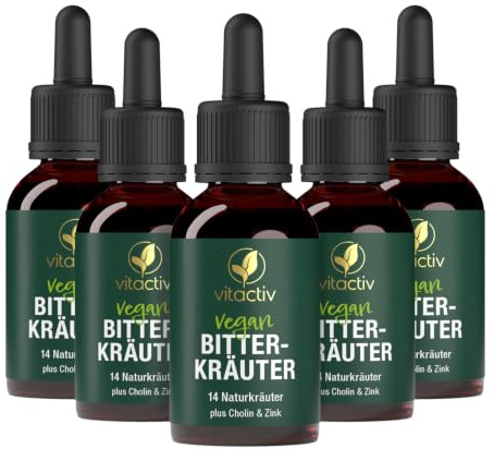VITACTIV Bitterkräuter - Bittertropfen ohne Alkohol - Erlesene Kräuter plus Cholin & Zink - Bitterstoffe Tropfen nach Hildegard von Bingen - Ohne Künstliche Zusätze, Zuckerfrei, Vegan - 250ml | Zuckerfrei, Ohne Zusätze. Kräuterextrakt, Cholin, Bitterorange, Artischocke. Zink: normale Immunfunktion