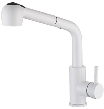 Rubinetto Cucina con Doccetta Estraibile, Miscelatore Cucina Estraibile Girevole Inox Acqua Fredda e Calda Maniglia Singola Rubinetteria Cucina Estraibile-Bianco