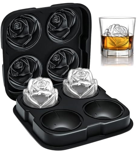 Ice Cube Molds Trays,4 Cavity Silicone Rose Ice Ball Maker Silicone Rose Flower Shape Ice Cube Moulds Ice Cube Tray with Lid for Whiskey Cocktails Reusable