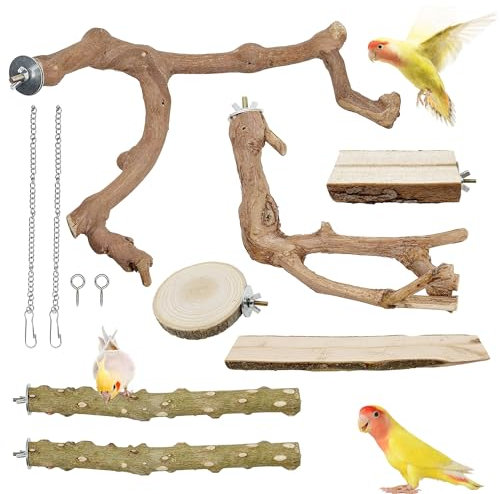 Woohome 7 Stück Natürliche Sitzstangen für Vögel, Holz Papagei Schaukel Spielzeug