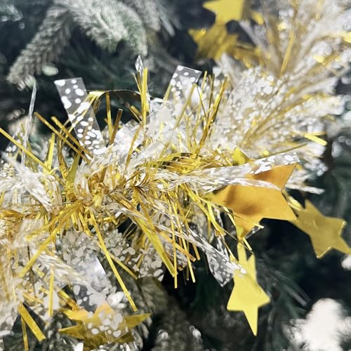 Goldfarbene durchscheinende Weihnachts-Lametta-Dekoration – 10 m, klobiges und feines Lametta für den Baum