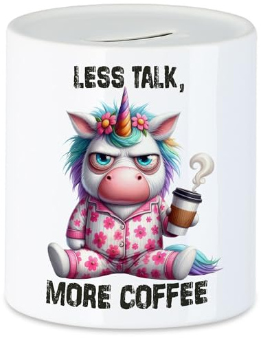 Hey!Print Less Talk More Coffee Lustiges Einhorn Spardose Kaffee Spruch Morgenmuffel Geschenkidee