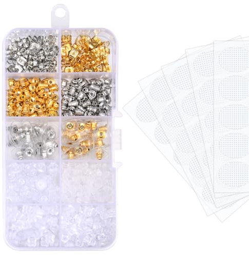 AVYRING 10 Styles Ohrring Verschlüsse Set & 5 Bögen Ohrringsticker für gespaltene Ohrläppchen, weiche Silikon Sicherheitsverschlüsse Ohrringstecker Ohrringe für die Schule mit Organizer Box
