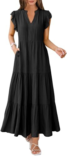 ANRABESS Womens Summer Casual Maxi Dress V Neck Ruffle Sleeve Long Dresses Fashion Flowy Tiered Boho Beach Vacation Sundress Black XX-Large