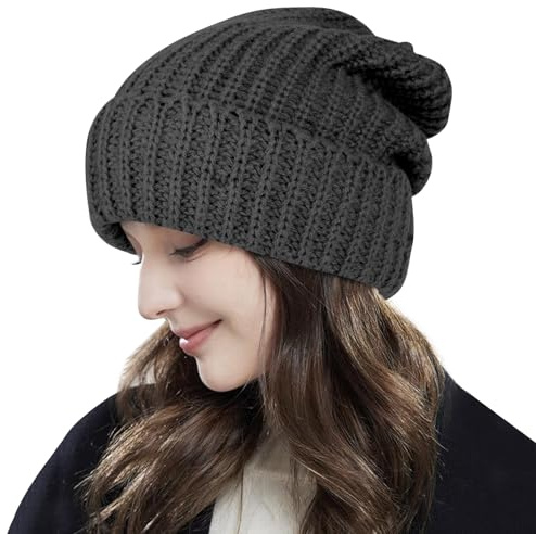 Thermo-Wintermützen für Damen - Lässige Beanies, Fleece-Wintermützen, Wollmützen - Dunkelgrau, Einheitsgröße
