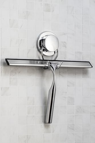 Croydex Chrome Shower Squeegee with Stick 'n' Lock Self-Adhesive Hook | No Drilling | Sticks to Most Flat Surfaces | Ideal for Shower Doors and Windows | Bathroom Accessory | Rust-Free Design