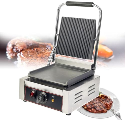 CAFIEDR Parrilla eléctrica Antiadherente para sándwiches, sandwicheras y prensas para Pan con Control de Temperatura de 50 a 300 ℃, Prensa para sándwiches de Acero Inoxidable para Uso domé(Liso)