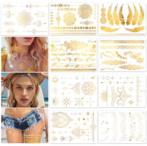 HOWAF 9 Blätter Gold Temporäre Tattoos Metallic, Goldene Glitzer Fake Tattoos Stickers Flash Tattoo Temporäre Wasserdicht Gold Tattoo Aufkleber Klebetattoos Erwachsene Festival tattoos Frauen Mädchen