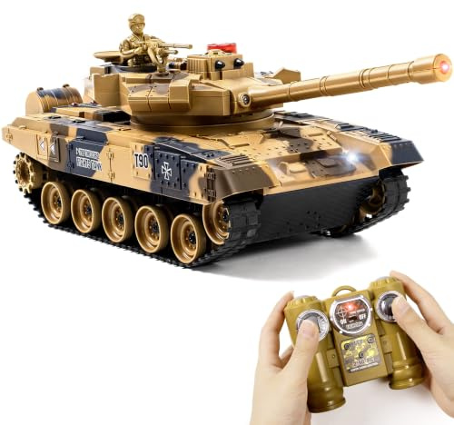 Supdex 1/24 RC Serbatoio, Telecomando Battaglia Russo T90 Army Modello Serbatoio con effetti sonori, Luci e Fumo, 2.4G Modello Militare Giocattolo per Bambini, Infrarossi Battaglia Giocattolo con