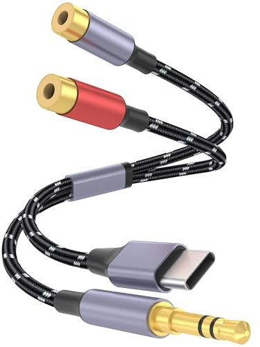 DCNETWORK Câble RCA vers jack avec USB-C et 3,5 mm (1/8) vers 2 x RCA (femelle) – Adaptateur audio stéréo Hi-Fi, contacts plaqués or – Répartiteur en Y pour iPhone, lecteur MP3, tablette, PC et