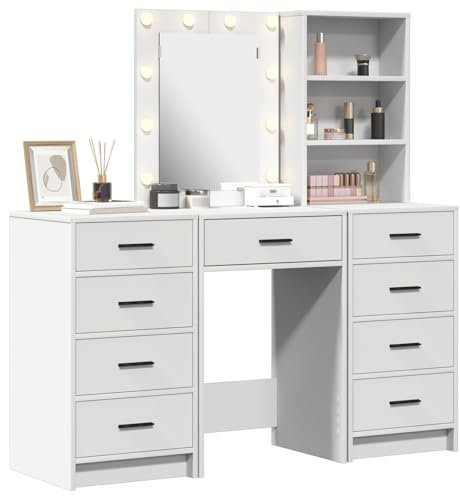 vidaXL Tavolo da Trucco con cassetto 3 pcs Bianco Legno multistrato, Toilette moderna per camera, specchiera stilosa, armadio rettangolare, spazio ampio, design resistente, luci LED eleganti