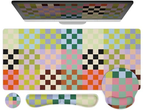 Ovenbird Mouse Pad Set 4-in-1 | Large Gaming Mousepad, Keyboard Wrist Rest, Mouse Wrist Support, Coaster | Ergonomic Office Desk Mat Accessories for Women Men | 4PCS, 35.4 x 15.7in, Classic Checkered