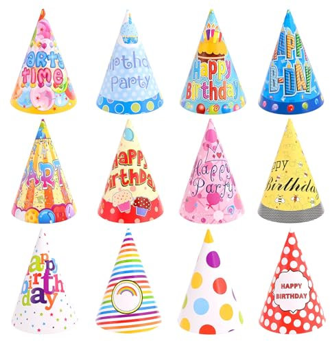 CHONGQILAO 12 Pezzi Cappellini Festa Compleanno, Cappello di Carta a Cono, Cappellino da Festa per Bambini Adulti, Cappello Festas Compleanno, Cappelli Cono Festas per Compleannos (A)