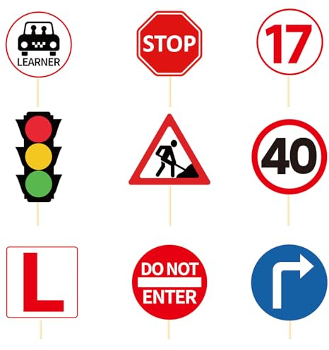 Eiapadeor 17th Birthday Cupcake Toppers Decorations, 36PCS Learner Driver Gifts 17th Birthday Cupcake Picks Decor Road Signs Themed Decor Supplies