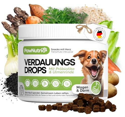 Verdauungs- I Gras und Kotfresser Drops Hund I bei Sodbrennen & weichem KOT | mit Ulmenrinde, Präbiotika, Bierhefe, Flohsamenschalen I in Leckerli-Form, 120 Stück, 300g I Darmkur, Magenschutz, Darmflora