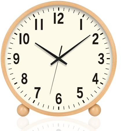BVI BOOMERVIVI Tischuhr 21cm, Holz Tischuhr ohne Ticken mit Lautlosem Uhrwerk, Batteriebetrieben, Tischuhren Analog mit HD Glas für Wohnzimmer, Nachttisch, Büro (Naturholzfarbe)