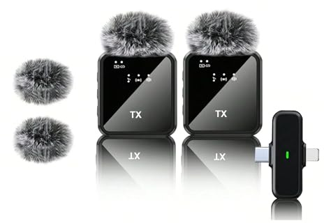 Winait Set microfono lavalier wireless universale di tipo C, doppio sistema di trasmissione con parabrezza peloso per telefono cellulare