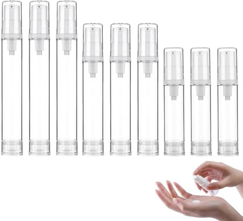 LIULINY Lot de 9 Flacons à Pompe Sans Air, 5/10/15 ml Airless Distributeurs à Pompe, Rechargeables Distributeurs de Crème Airless, Flacon de Lotion pour Voyage, pour Fond de Teint Essence Lotion