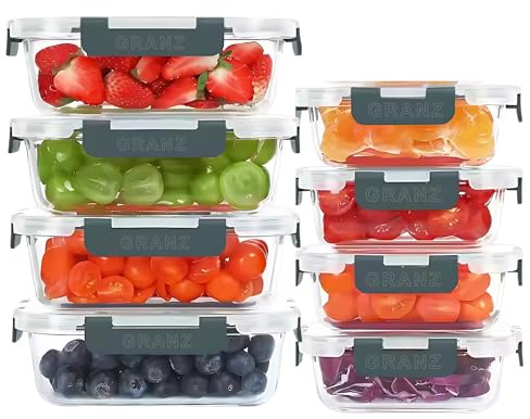 GRANZ Glass Food Storage Containers Pack Of 8 | BPA-Free Food Storage Containers, Airtight Snap Lock lid, Leak Proof Meal Prep Boxes, Stackable, Eco-Friendly, Reusable, Microwave & Dishwasher