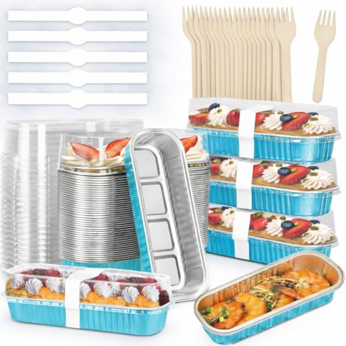 120pcs Mini Loaf Pans with Lids and Spoons, 200ml Rectangular Aluminum Foil Baking Pans Mini Cake Tins Containers with Sealing Sticker for Bread Cake Wedding Birthday Picnic Party (SET OF 30) (Blue)