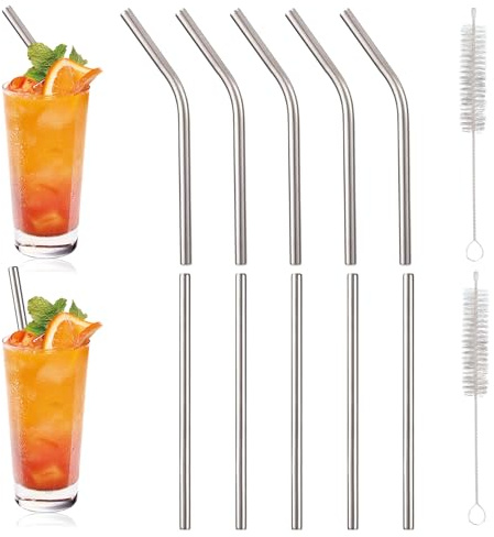 MEOAlBkey 10pcs Silver Stainless Steel Straws, 20cm 5 Straight & 5 Bent Metal Reusable Straws with 2 Cleaning Brushes for Cocktails Coffee Mugs Small Glasses Tumblers Fruit Juice