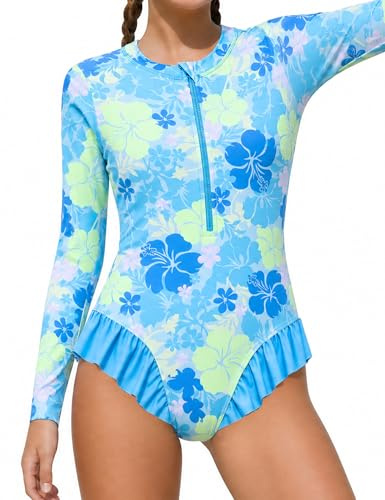 Ewbob Girls Swimming Costume Kid Long Sleeve Swimsuit with UPF 50+ for 5-14 | girls swimming costume with UPF50+ girls long sleeve swimming costume ruffle design kids swimsuit beach swimwear