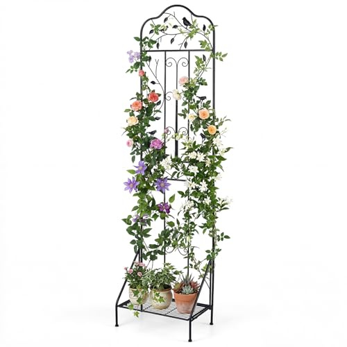 HOMASIS Rankgitter Metall, Rankhilfe mit Blumenständer, Spalier Pflanzstütze zum Stecken, dekorative Gartenzaun für Kletterpflanzen, Gartenspalier für Rosen Blumen Tomaten (1, Schwarz)