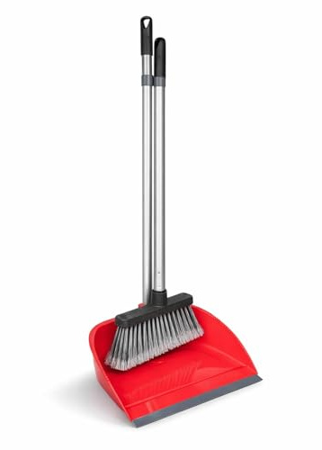 Sopset med långt handtag 90 cm – ergonomiskt sopset, ryggvänlig och stabil – kvast med spade och gummiläpp – platsbesparande sopset för inomhus och utomhus – aluminium och PET-borst