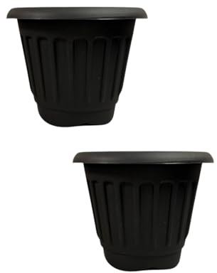 ORGANIZED set of 2 large round plastic garden planters, durable and lightweight with drainage holes. Ideal for indoor or outdoor use on patios, balconies, or gardens. (Black, 30cm)