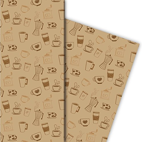 Kartenkaufrausch Kaffee Pausen Geschenkpapier Set 4 Bogen, Dekorpapier mit Tassen und Kaffeemühlen, beige, für schöne Geschenk Verpackung, Musterpapier zum basteln 32 x 48cm