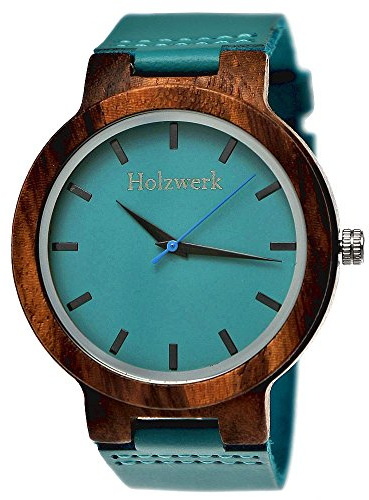 Holzwerk Germany Handgefertigte Designer Damen-Uhr Herren-Uhr Öko Natur Holz-Uhr Leder Armband-Uhr Analog Blau Türkis (Holzwerk.schwarz)